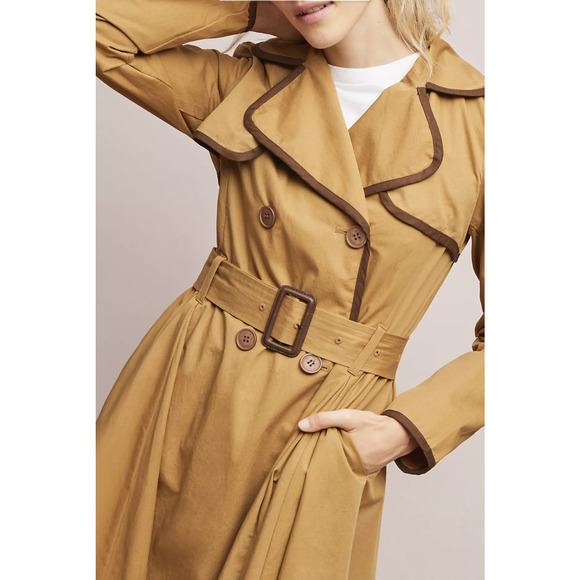 Ett Twa Anthropologie Marley Trench Coat Long Jacket Size 14 Belted Tan Brown - Picture 2 of 11